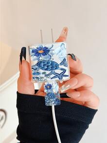 可愛海龜與花卉圖案充電線保護套，相容 20W Apple 充電器，極簡 Apple 充電器保護蓋，適用於 20W 15/16 Pro Max 充電線，防刮、防咬，相容 iPhone 13/14 Plus - 彩色 - 查看 3
