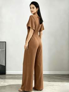 Women's Jumpsuit With Wide-Leg Pants, Sleeves, And V-Neck - Duna - 棕色的 - 查看 3