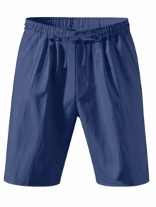 Premium Linen Blend Casual Shorts For Men - Classic Minimalist Drawstring Summer Shorts, High-End Resort Style - Navy Blue - View 9