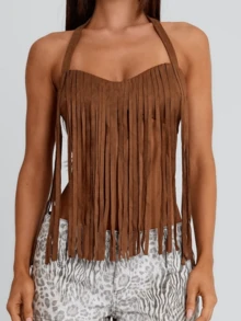 Womens Western Cowgirl Fringe Top Country Concert Outfits Festival Tassel Hem Open Back Boho Rodeo Camisole Summer Rave Tank Shirt - Light Brown - View 7