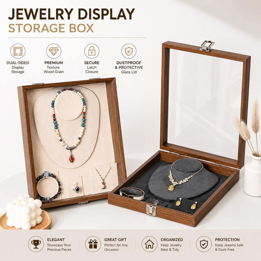 1pc,Elegant Walnut Wood Jewelry Box With Glass Lid, Dustproof Necklace Earring Ring Bracelet Organizer, Stylish Display Case, Ideal Gift For Women - New Walnut Wood Four-in-one Jewelry Box - View 1