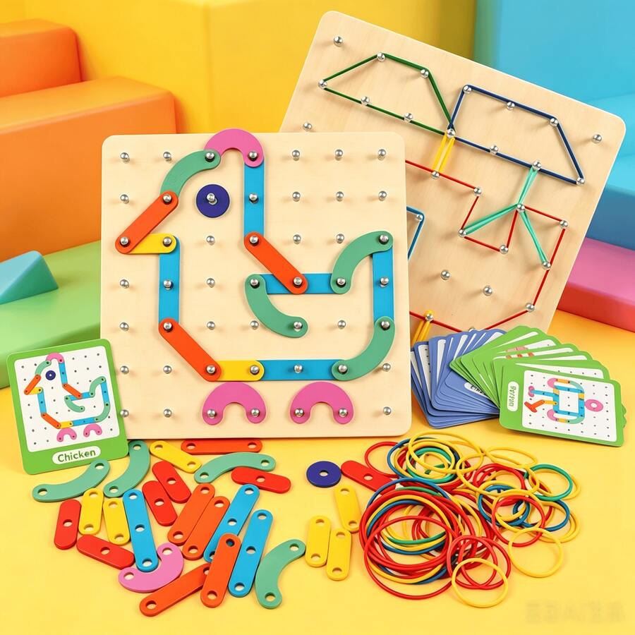 Juego de Tablero de Clavos con Rompecabezas de Reconocimiento de Formas de Madera 2 en 1, Tarjetas de Patrones Educativas, Juguete Creativo para Niños - Multicolor - Ver 1