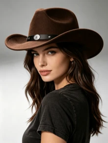 1pc Women's , Western Cowboy Solid Color Heart-Shaped Crown Rolled Brim Felt, Decorated With Silver Chain Circle, Suitable For Outdoor Party, Performance, Hiking, Unisex Versatile Style - Multicolor - View 4