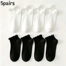 10 Pairs Women's Black & White Mixed Color Ruffle Trim Short Socks - Breathable, Odor-Resistant, Sweat-Absorbing Casual Socks For Students And Adults, Daily Wear And Gifts, Available In 1/3/5/10/20 Pairs - Multicolor - View 7