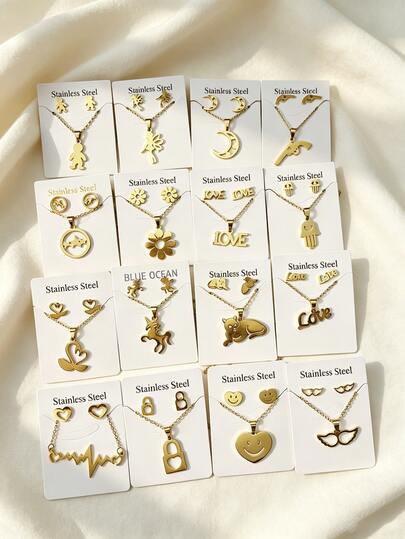 24-Piece Stainless Steel Necklace And Earring Set, Elegant Heart-Shaped, Flower-Shaped And Geometric-Shaped Earrings, Suitable For Daily Casual Wear, Wedding Party Jewelry Gifts, Suitable For Teenagers (Randomly Dispatched)