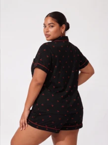 Snug League Plus Size Women Bubble Crinkle Cherries Print Short Sleeve Shirt & Shorts Pajama Set, Outfits - Black - View 4