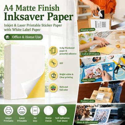 Papel adhesivo mate A4 - Etiquetas de hoja completa imprimibles con inyección de tinta y láser para oficina, hogar, manualidades DIY, proyectos escolares, envoltura de regalos, scrapbooking, organización, diarios y pegatinas personalizadas