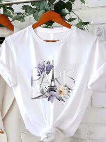 Camiseta de cuello redondo de París para mujer, camiseta casual de manga corta de verano y primavera - Blanco - Ver 6