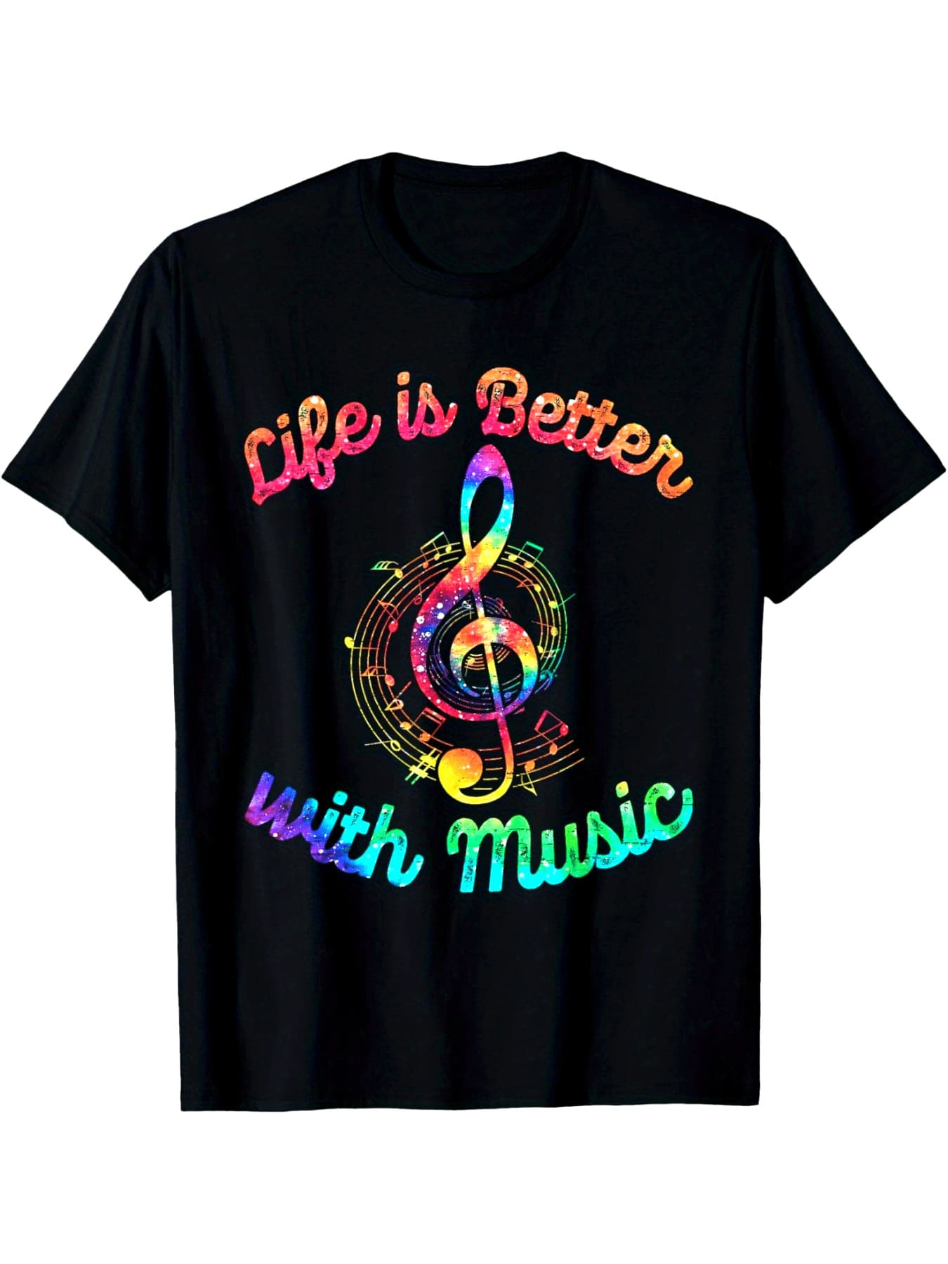 La vida es mejor con símbolos musicales y camisetas de músico con efecto tie-dye. Camisetas de manga corta cómodas e informales para el verano. - Negro - Ver 1