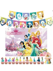 Disney 迪士尼公主主題生日派對用品套裝，包含蛋糕裝飾插牌、橫幅等，適合嬰兒派對、生日派對、家庭聚會、節日慶祝 - 彩色 - 查看 1