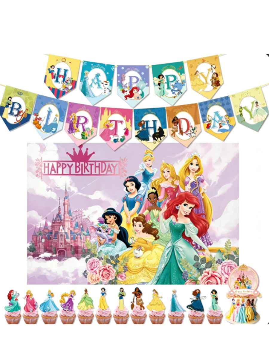 Disney 迪士尼公主主題生日派對用品套裝,包含蛋糕裝飾插牌、橫幅等,適合嬰兒派對、生日派對、家庭聚會、節日慶祝 - 彩色 - 查看 1