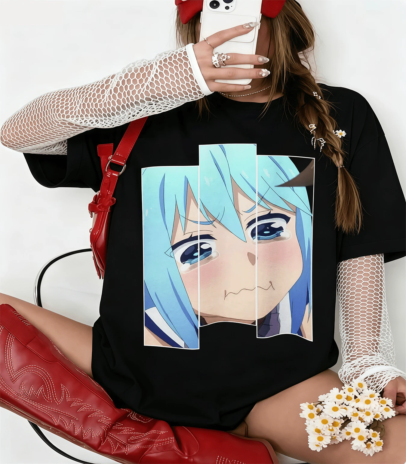 Konosuba Aqua Oversize T-Shirt, Unisex Black, Anime Meme - Black - View 1