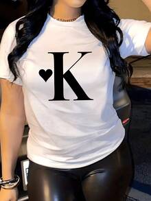 Graphic T-Shirt With Letter K - Casual Fabric, Crew Neck, Short Sleeve Sports T-Shirt For Women, Spring/Summer Clothing - Comfortable Fit, 100% Machine Washable - 白色 - 查看 3