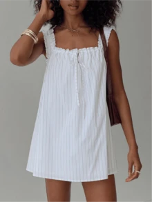 Women's Mini Dress Casual Loose Fit Stylish Dot Print/Solid Bow Tie Ruffled Trim Square Neck Sleeveless Dress - Multicolor - View 5