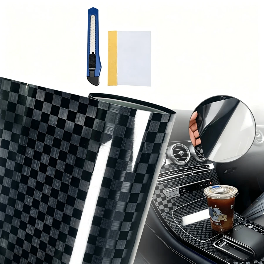 Grid Checkered Carbon Fiber Vinyl Self Adhesive Film Waterproof Decor Sticker For Car Motorcycle Modification - Checkered Glossy - View 1