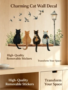 Healing Cat Silhouette Waterproof Oilproof Wall Sticker, 4 Different Floral Patterns, Warm And Healing Atmosphere, Kitchen/Bathroom Tile Renovation Tool, Cute Pet Warm Self-Adhesive Wall Decor Sticker - Wall Stickers - View 2