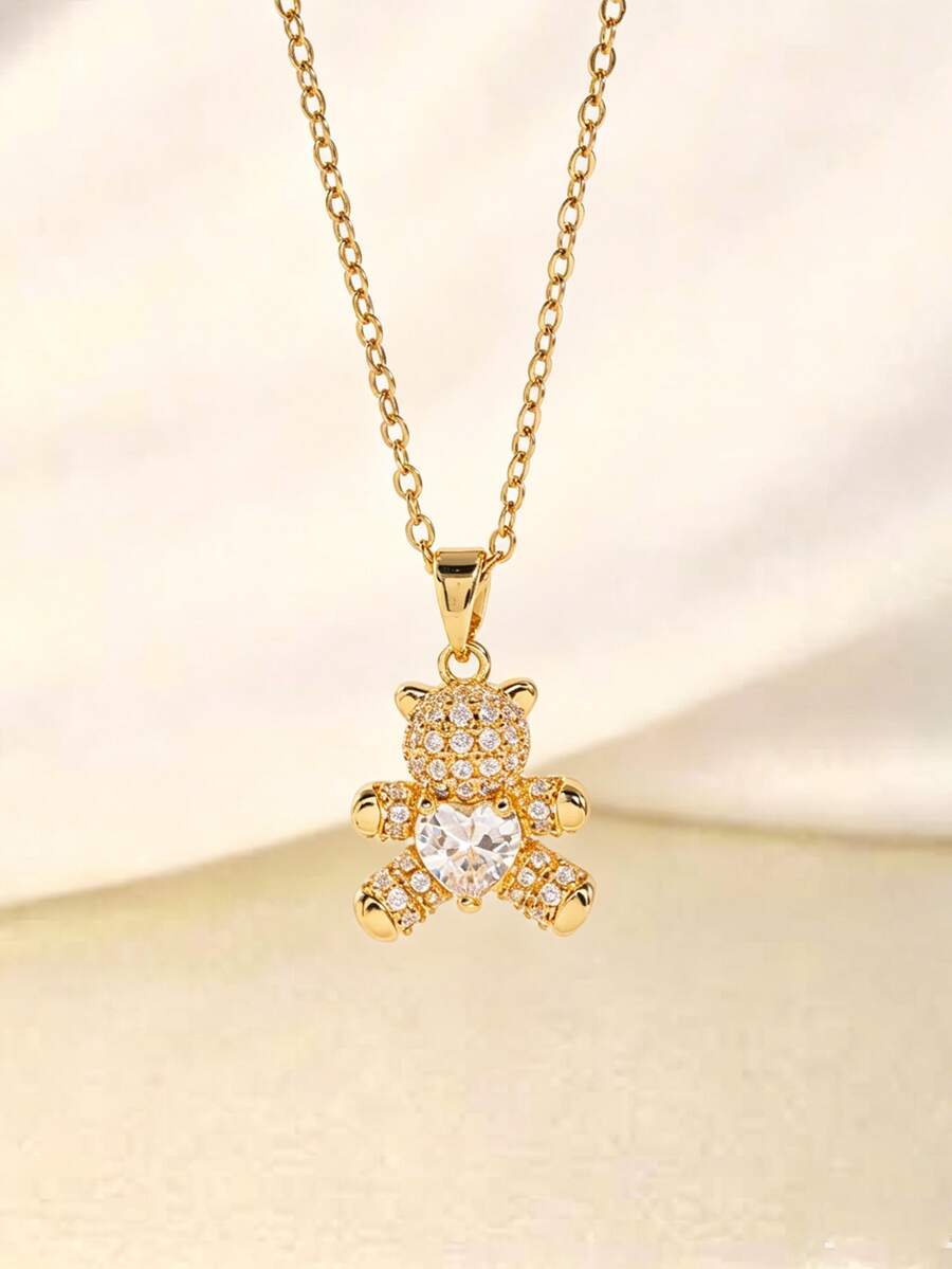 1pc Cute Bear Pendant Necklace, Stainless Steel Chain, Copper Cubic Zirconia Charm, Kawaii Daily Wear Jewelry, Gift For Friends - Multicolor - View 1