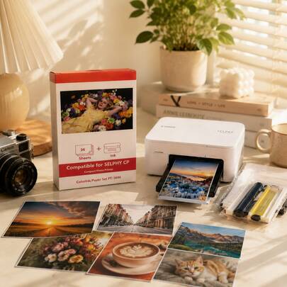 Bộ in ảnh nhỏ gọn SELPHY – 36 tờ giấy bóng 4x6 inch và mực, hoàn hảo cho du lịch, tiệc sinh nhật và đám cưới, album ảnh tự làm, chụp ảnh em bé và thú cưng, kỷ niệm gia đình, ảnh kỳ nghỉ, lễ hội, các dự án trang trí nhà cửa sáng tạo và quà tặng cá nhân hóa.