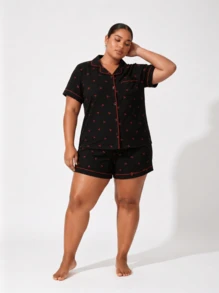 Snug League Plus Size Women Bubble Crinkle Cherries Print Short Sleeve Shirt & Shorts Pajama Set, Outfits - Black - View 6