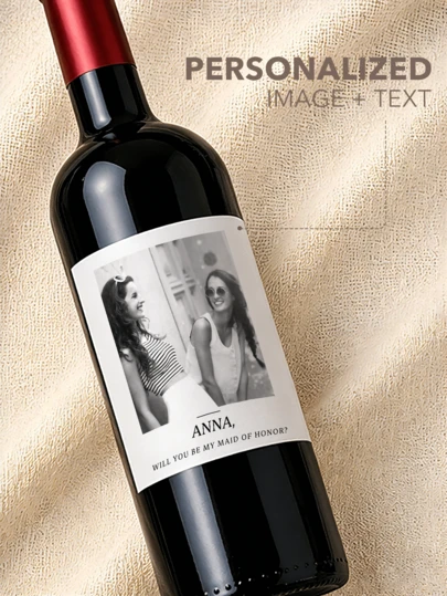 6pcs Custom Waterproof Wine Labels, Customizable Photos, Black & White Photos, Uppercase Letters, Black & White Bridesmaid/Maid Of Honor/Proposal Wine Labels, Wedding Gift, Anniversary Gift, Engagement Gift, His/Her Gift, Halloween/Thanksgiving/Christmas/New Year Party Favor, Champagne Labels, Whiskey Labels, Tequila Labels