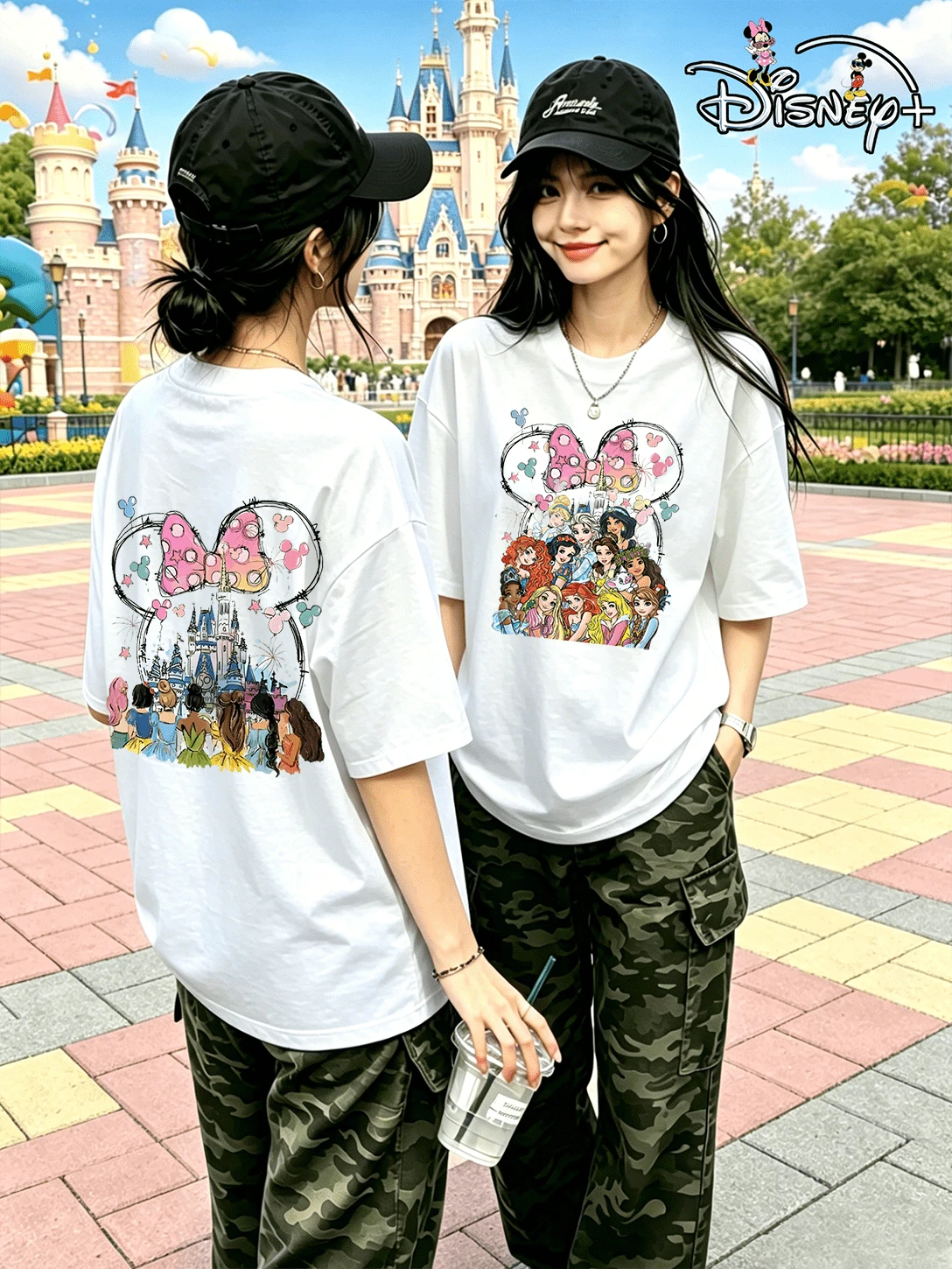 Disney Castle Princess Summer Round Neck Versatile Women's T-Shirt. Featuring Creative Front And Back Prints Of Multiple Disney Princesses Including Snow White, Cinderella, Belle, Ariel, Jasmine, Rapunzel, Merida, Elsa, Anna, Tiana, And Moana. Sweet And Dreamy White Short-Sleeved Top Perfect For A Girls' Outing With Friends. (Disney T-Shirt/Teen Girl Clothes/Tween Girl Clothes/Baby Tees For Women/Girls Clothes/Personality/Toddler Girls Clothes) - White - View 1