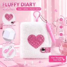 Cute Plush Heart Diary Pendant, Fluffy Faux Fur Mini Notebook, Portable Adorable Notepad, Student Essential, Student Writing Notebook Gift - Multicolor - View 3