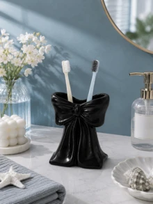 1 pieza Soporte para cepillo de dientes con lazo negro, organizador de taza de baño con cinta linda, decoración de tocador estética, soporte para cepillo de dientes de estilo nórdico, accesorio de baño moderno para el hogar, dormitorio, apartamento - Multicolor - Ver 1