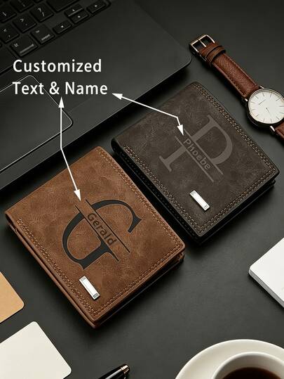 Retro Style Business Card Holder Wallet For Men - Black PU Leather With Plaid Decor