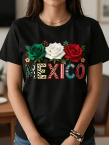 Rosas tricolores verde blanco rojo símbolos patrios y la palabra MEXICO con patrones vibrantes animal print cebra y ají picante camiseta de mujer moderna regalo ideal 139 caracteres. - Negro - Ver 1
