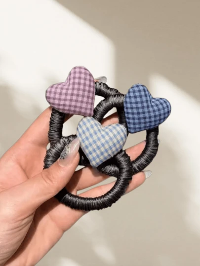 1 stuk meisjes scrunchie met ruitjespatroon en hartje, zeer elastisch, grote haarelastiek voor een paardenstaart, haaraccessoire