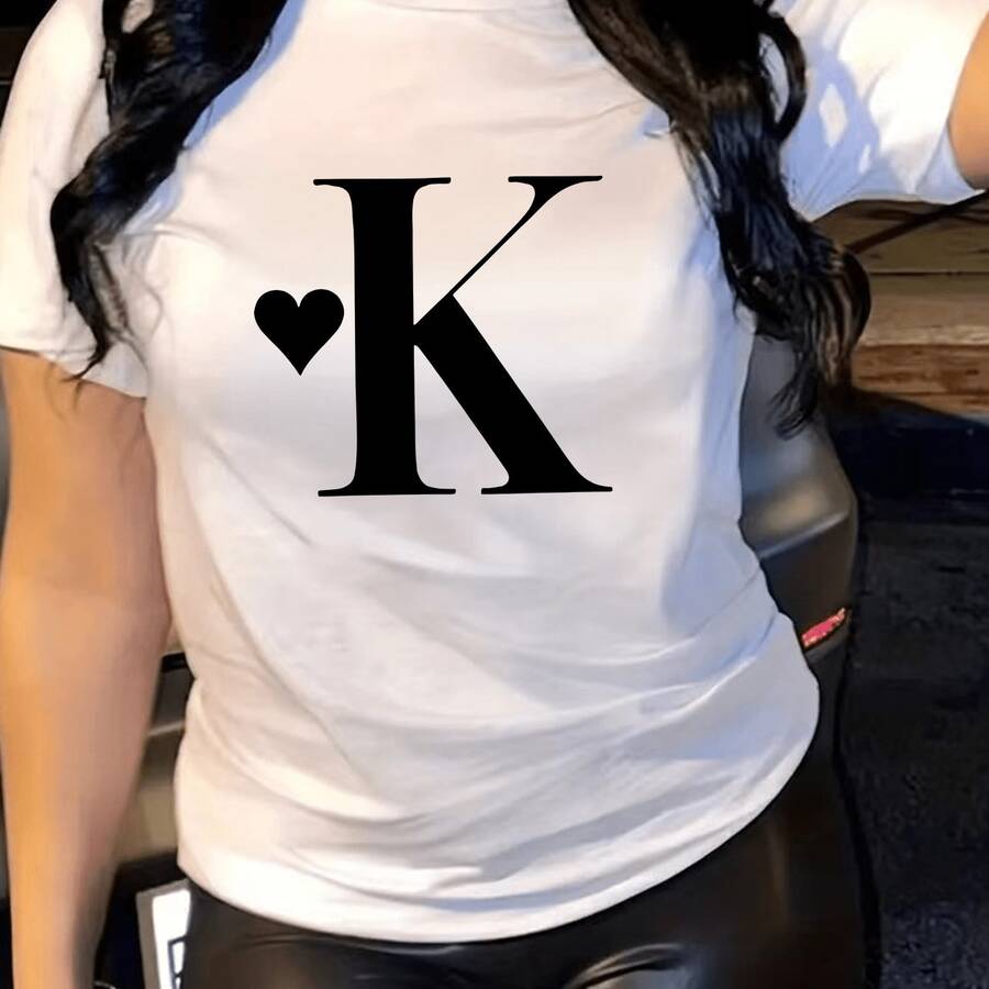 Graphic T-Shirt With Letter K - Casual Fabric, Crew Neck, Short Sleeve Sports T-Shirt For Women, Spring/Summer Clothing - Comfortable Fit, 100% Machine Washable - 白色 - 查看 1