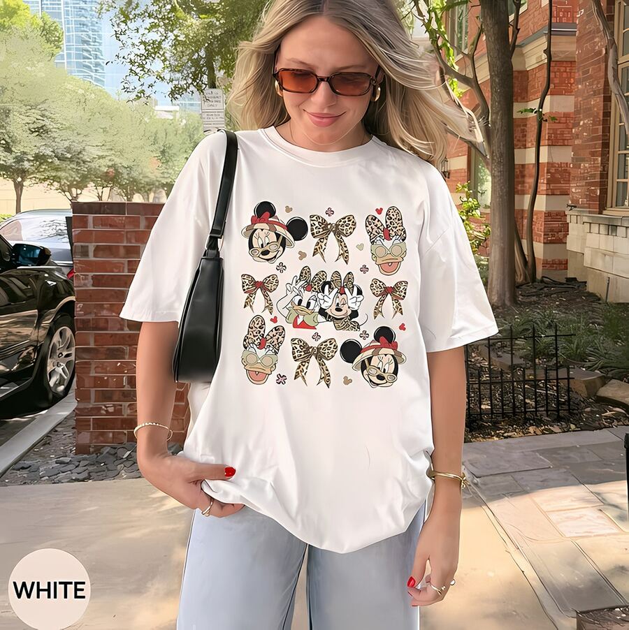 Disney Minnie Mouse Leopard Print Bow Coquette Collage Graphic T-Shirt For Women, Breathable Cotton Crew Neck Tee, Casual Summer Tops De Mujer, Theme Park Vacation Outfits Women, Soft Summer Outfits For Women, Cute Fashion Print Short Sleeve Tops - White - View 1