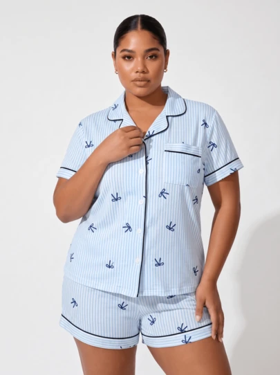 Snug League [Elegant Fields]2pcs Plus Size Women Cute Striped Bow Print Pajama Set, Lapel Button Short Sleeve Top And Bow Shorts, Summer Sleepwear & Loungewear, Cool Light Blue