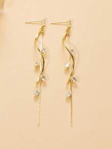 1 Pair Gold Twisted Leaf Tassel Earrings, Inlaid With Simulated Zirconia Tassels, Elegant Bridal Fashion Earrings, French Luxury, Suitable For Weddings, Engagements, Formal Dinners, And Daily Wear, Perfect Gift - Multicolor - View 8