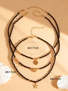 3pcs Bohemian Style Alloy Starfish, Seashell, Peace Tree Pendant Necklace Set With Colorful Beads & Elastic Cord, Suitable For Women's Daily Casual, Party, Music Festival, Beach Vacation - Black - View 5