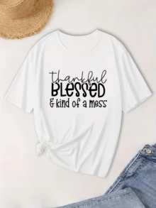Palabras que expresan gratitud bendición y humor reflejando una actitud positiva y auténtica hacia la vida camiseta de mujer casual cómoda para uso diario y momentos relajados - Blanco - Ver 8