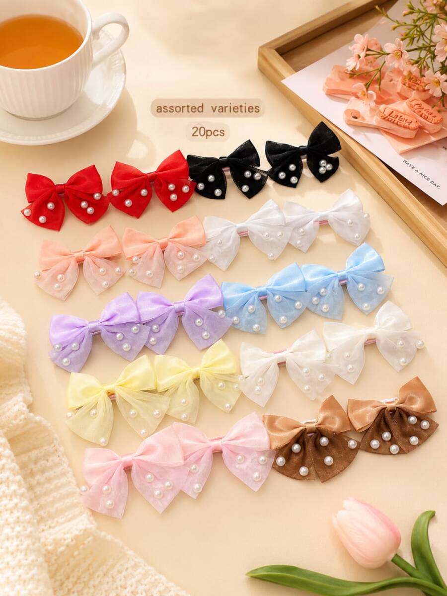 20pcs/Pack Cute Mesh Pearls Bow Hair Clips, Fresh Alligator Hair Clips For Girls - Multicolor - View 1