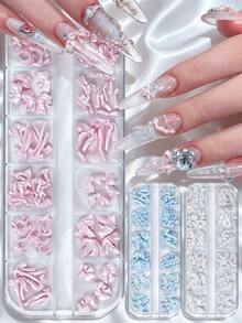 12 Grids 3D Ribbon Bow Nail Charms, Pink/Blue/White Satin Texture Bowknot Nail Decorations, Y2K Coquette Style, DIY Nail Art Accessories For Acrylic Nails & Press On Nails, Salon/Home Use - Multicolor - View 1
