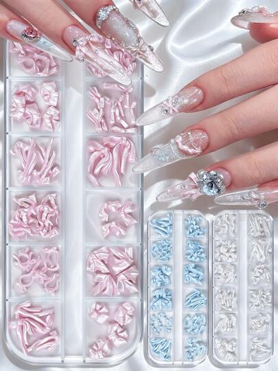 12 fack 3D-rosett nageldekorationer, rosa/blå/vit satintextur rosett nageldekorationer, Y2K coquette-stil, DIY nagelkonsttillbehör för akrylnaglar & press-on-naglar, salong/hemmanvändning
