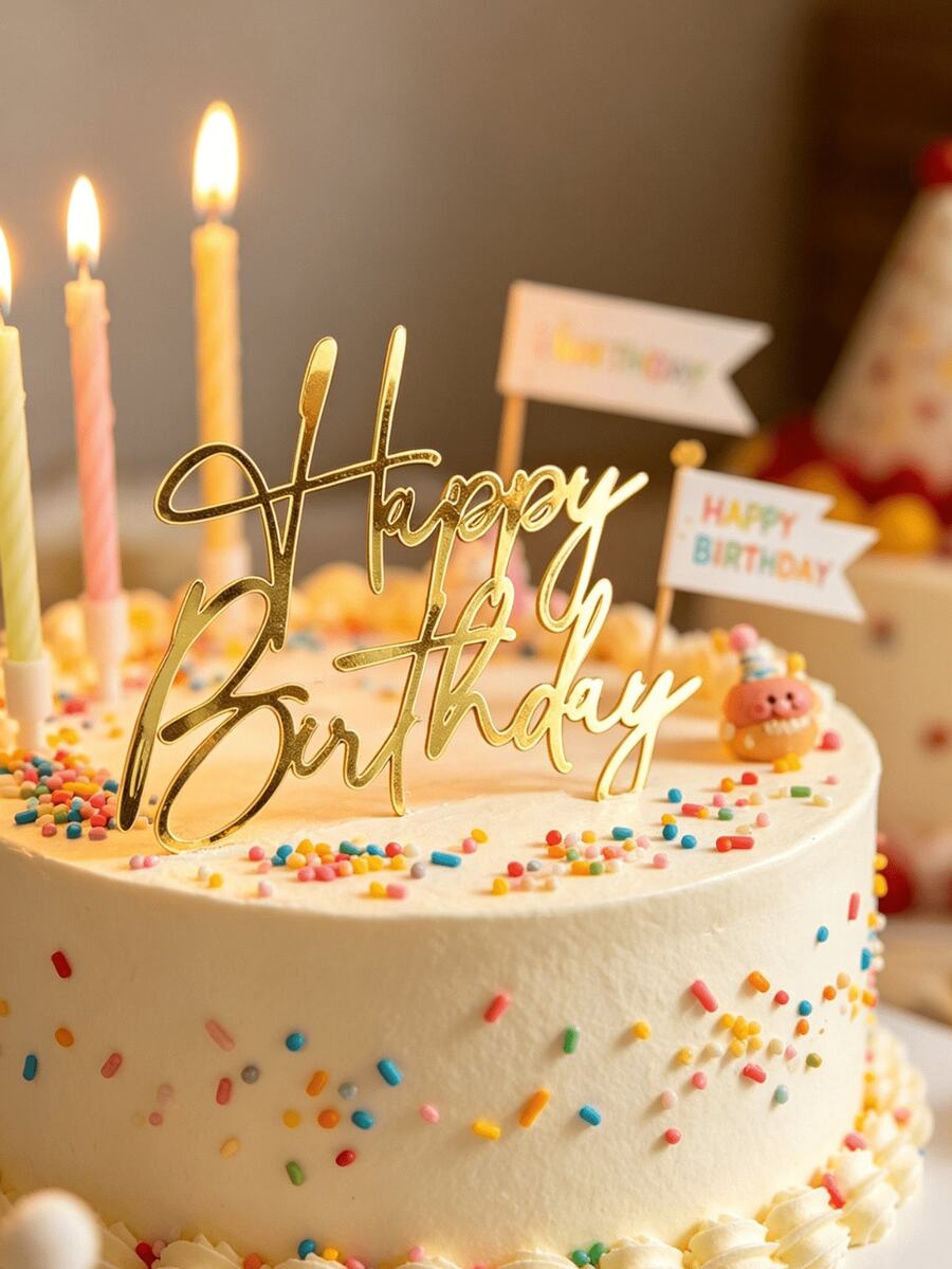 3/5入組高級金色壓克力生日快樂蛋糕側插飾,耐用可重複使用,吸睛閃亮字母蛋糕裝飾,適用於生日派對、拍照道具與蛋糕造型 - A - 查看 1