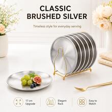 Bộ 4 món/6 món/1 set đĩa tráng miệng tròn bằng thép không gỉ 6.69 inch/17cm 3 màu kèm giá đỡ kim loại, khay đựng đồ ăn màu đen bạc vàng, phù hợp cho đồ ăn nhẹ, bánh, trái cây, tiệc tại gia và trang trí nhà bếp - Nhiều màu - Xem 7