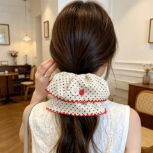 Retro Polka Dot Style, Sweet Ruffled Edge Lovely Heart Button Decor, Soft Skin-Friendly Large Size Fluffy, High Elastic Daily Hair Ties Ponytail - Multicolor - View 3