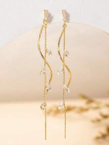 1 Pair Gold Twisted Leaf Tassel Earrings, Inlaid With Simulated Zirconia Tassels, Elegant Bridal Fashion Earrings, French Luxury, Suitable For Weddings, Engagements, Formal Dinners, And Daily Wear, Perfect Gift - Multicolor - View 7