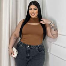 Women's Plus Size High Neck Sleeveless Bodysuit In Spandex - Fitted, Modern, And Comfortable - Rust Brown - View 2