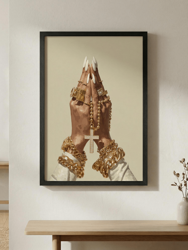 1pc, Canvass Wall Art, Framed Wall Decor, Dazzling Gold Cross Prayer Hand Wall Art, Holding Diamond Cross And Chunky Chain Prayer Poster, Modern Luxury Christian Jewelry Artwork