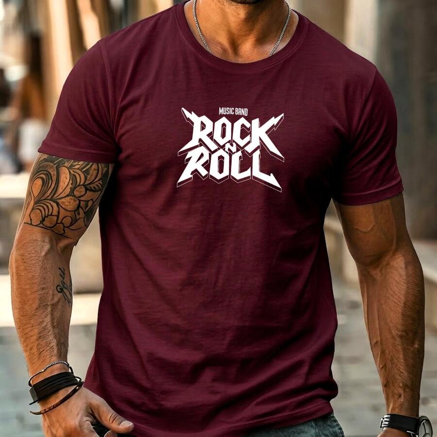 Men's Streetwear T-Shirt With Printed ROCK AND ROLL Music Band Design, Basic Style, Premium Fabric, For Everyday Wear. - 紫紅色 - 查看 1