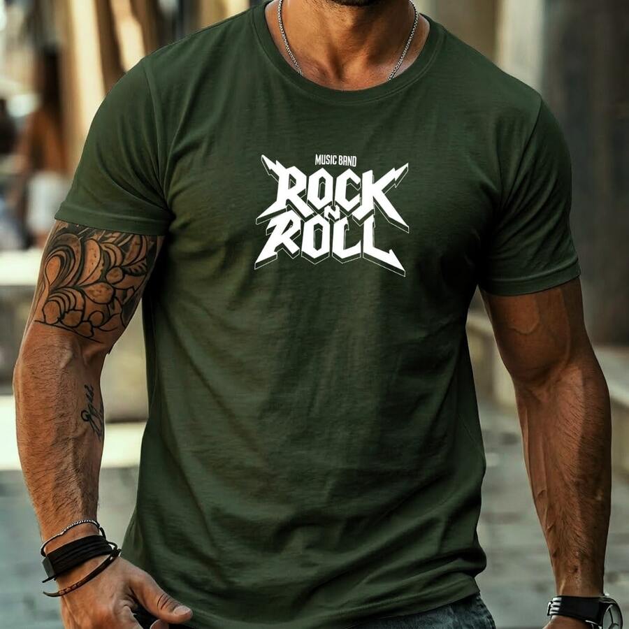 Men's Streetwear T-Shirt With Printed ROCK AND ROLL Music Band Design, Basic Style, Premium Fabric, For Everyday Wear. - Verde militar - Ver 1