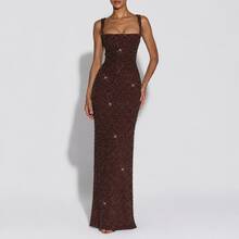 Glamorous Sheath Square Neck Sleeveless Sparkly Brown Sequin Maxi Dress Evening Party - 棕色 - 查看 2