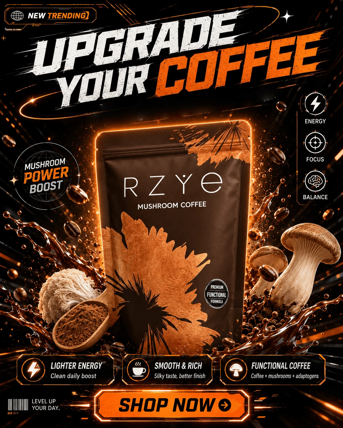 RZYE Best Seller Mushroom Coffee 3-Pack – 6 Adaptogenic Mushrooms Blend | Natural Energy, Mental Clarity & Digestive Health | Smooth Focus Without Jitters | Coffee Alternative For Morning Boost Or Afternoon Pick-Me-Up | Limited Time – Buy 3 & Save Big - Mushroom Coffee - View 1