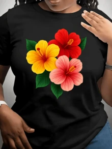 Hibisco vibrante representa la belleza la pasión y la energía que florece en tu día a día camiseta de mujer con un toque tropical que ilumina tu guardarropa captura la esencia de la vida con flores alegres. - Negro - Ver 8